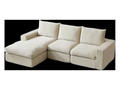 Sofá de canto de 3 lugares com chaise longue e 3 almofadas - Veludo cotelê bege