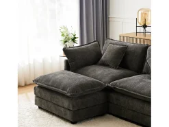 Sofá de canto de 3 lugares com pufe - 283 x 147 x 84 - Tecido chenille - Cinza escuro
