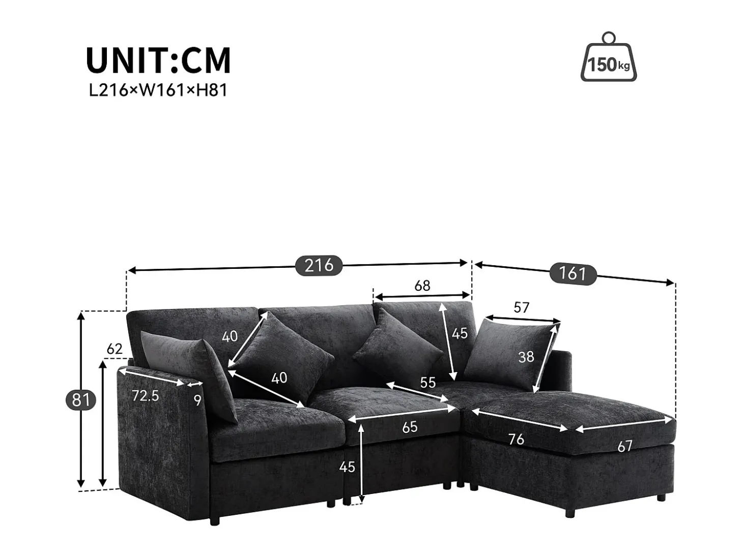 Sofá de canto de 3 lugares - com apoio para pés modular - chenille - Cinza