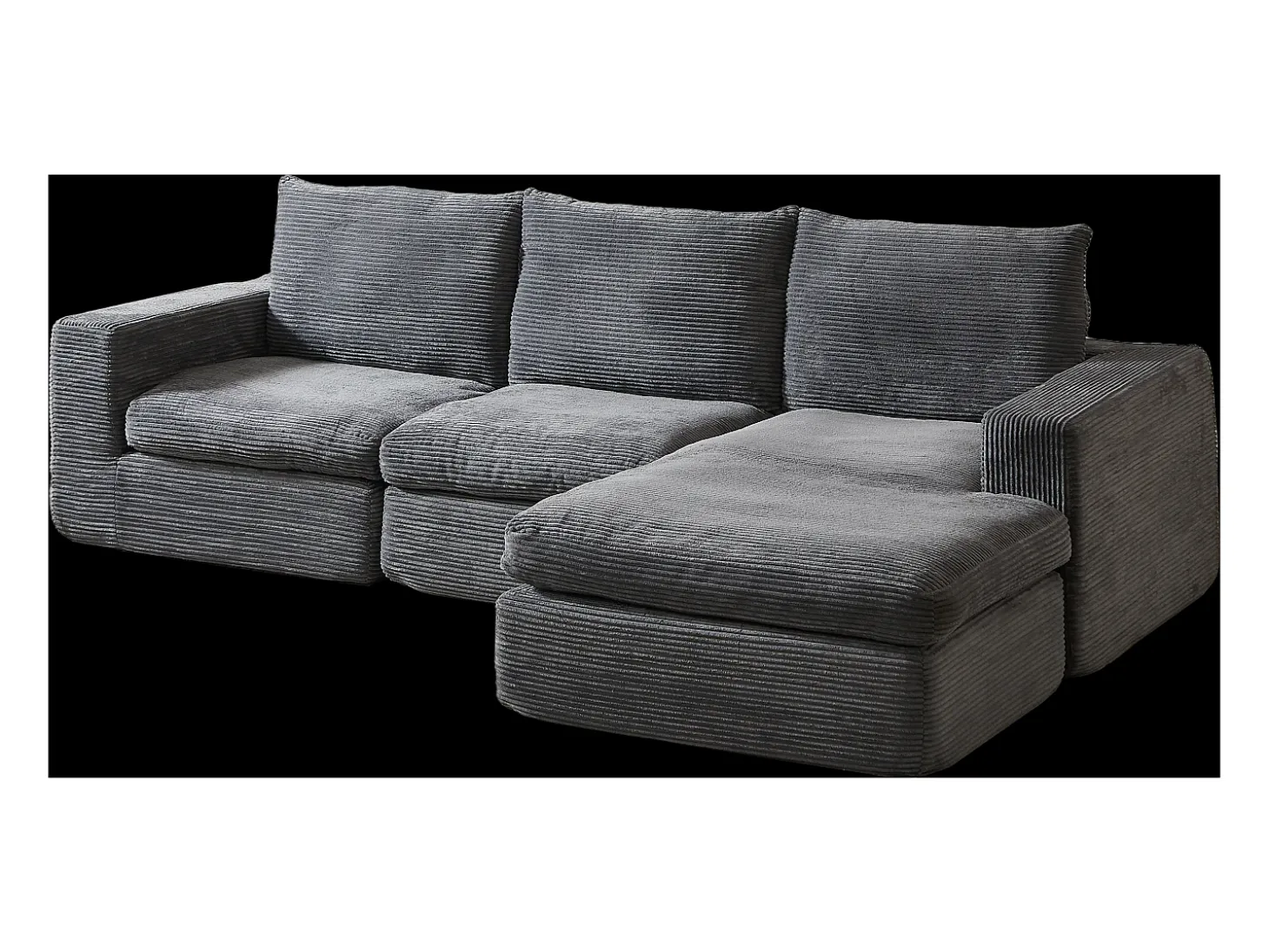 Sofá de canto de 3 lugares com chaise longue e 3 almofadas - Veludo cotelê cinza escuro