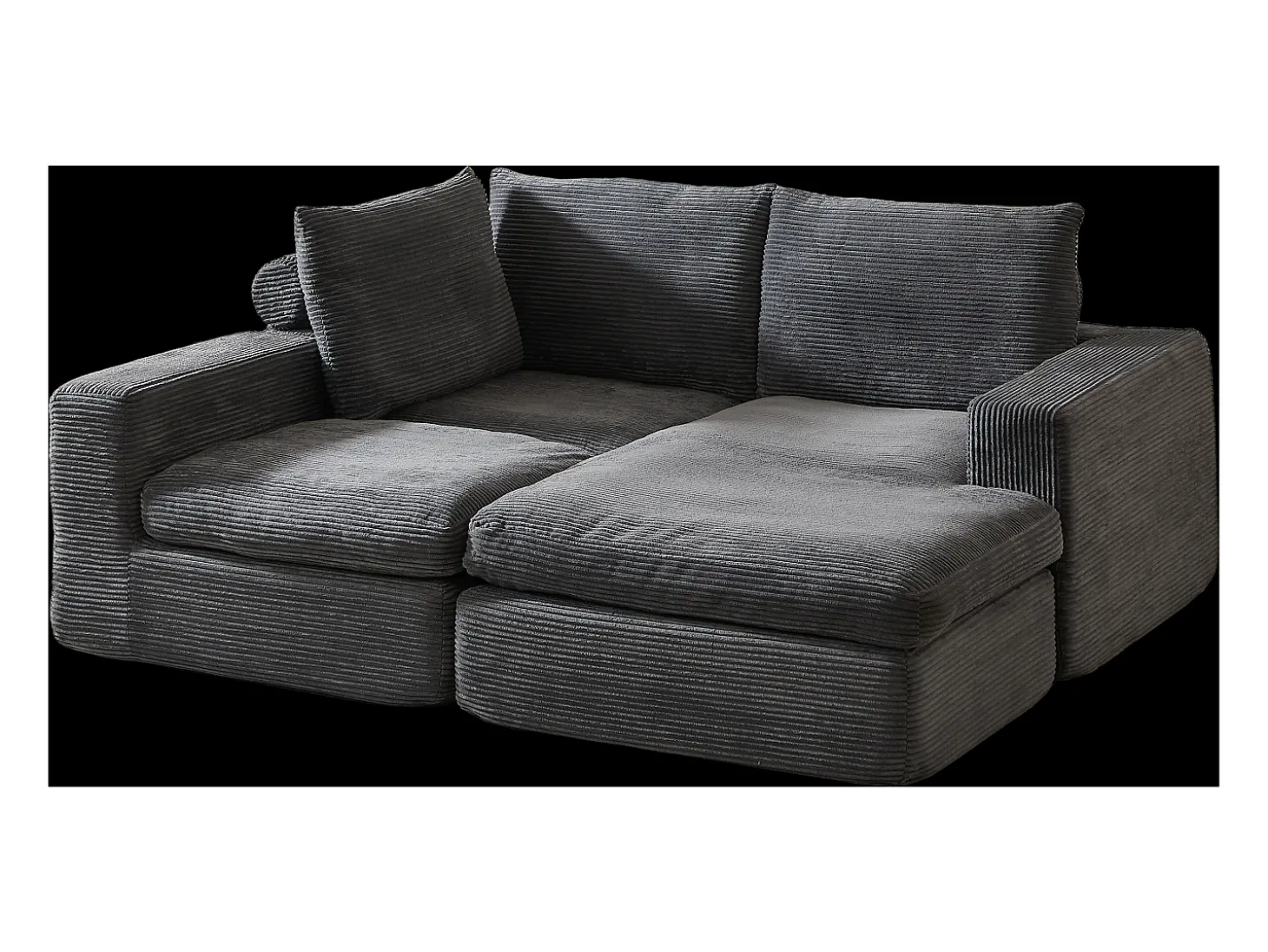 Sofá de canto de 3 lugares com chaise longue e 3 almofadas - Veludo cotelê cinza escuro