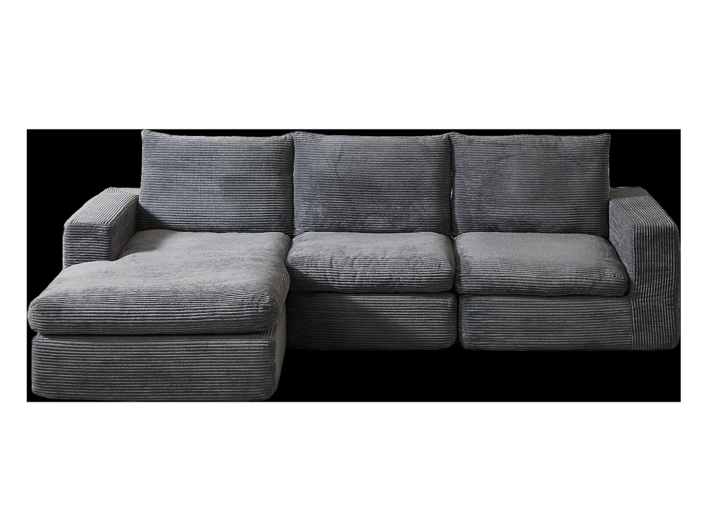 Sofá de canto de 3 lugares com chaise longue e 3 almofadas - Veludo cotelê cinza escuro