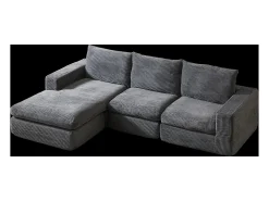 Sofá de canto de 3 lugares com chaise longue e 3 almofadas - Veludo cotelê cinza escuro