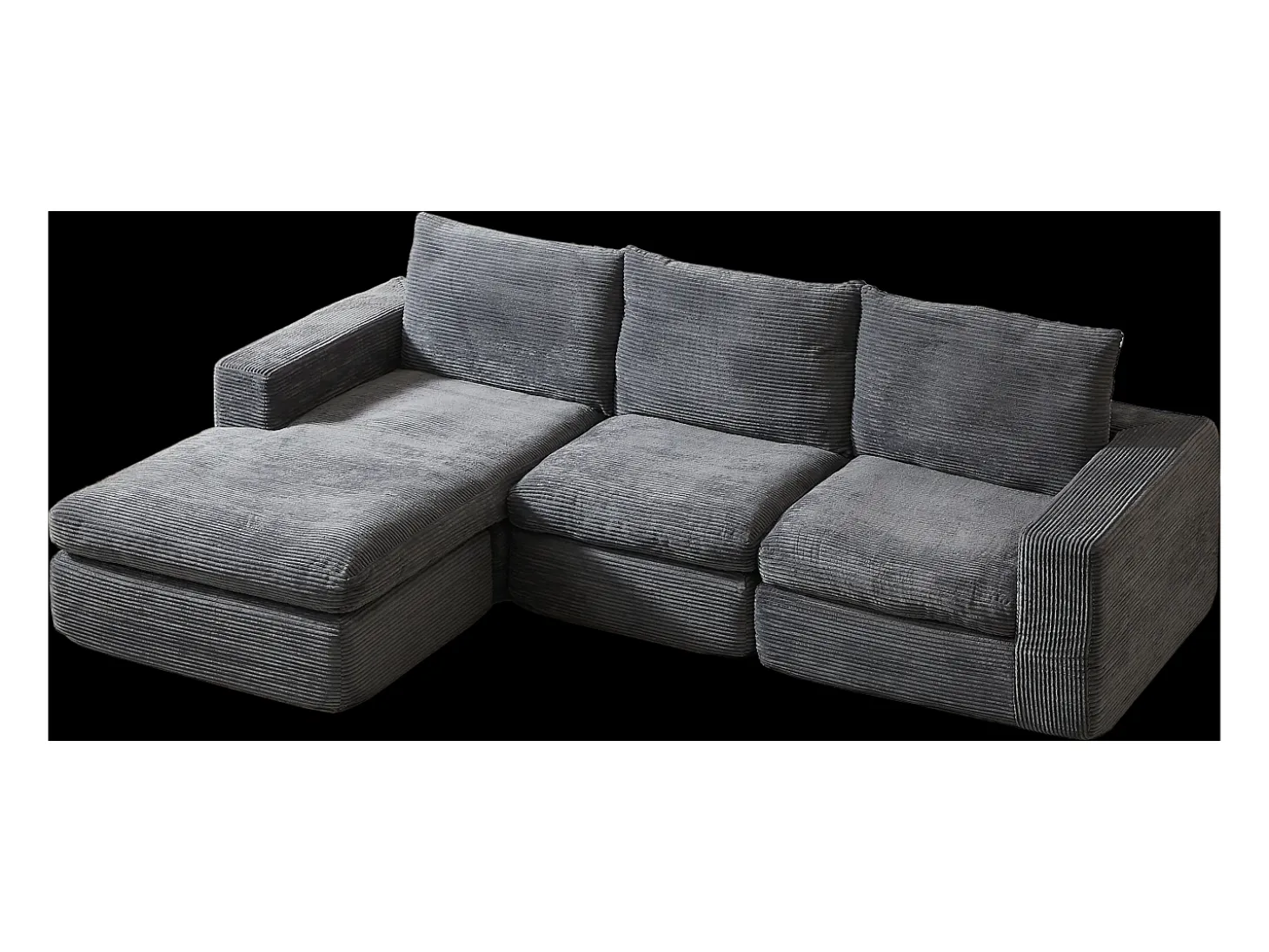 Sofá de canto de 3 lugares com chaise longue e 3 almofadas - Veludo cotelê cinza escuro