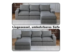 Sofá de canto de 3 lugares com chaise longue e 3 almofadas - Veludo cotelê cinza escuro