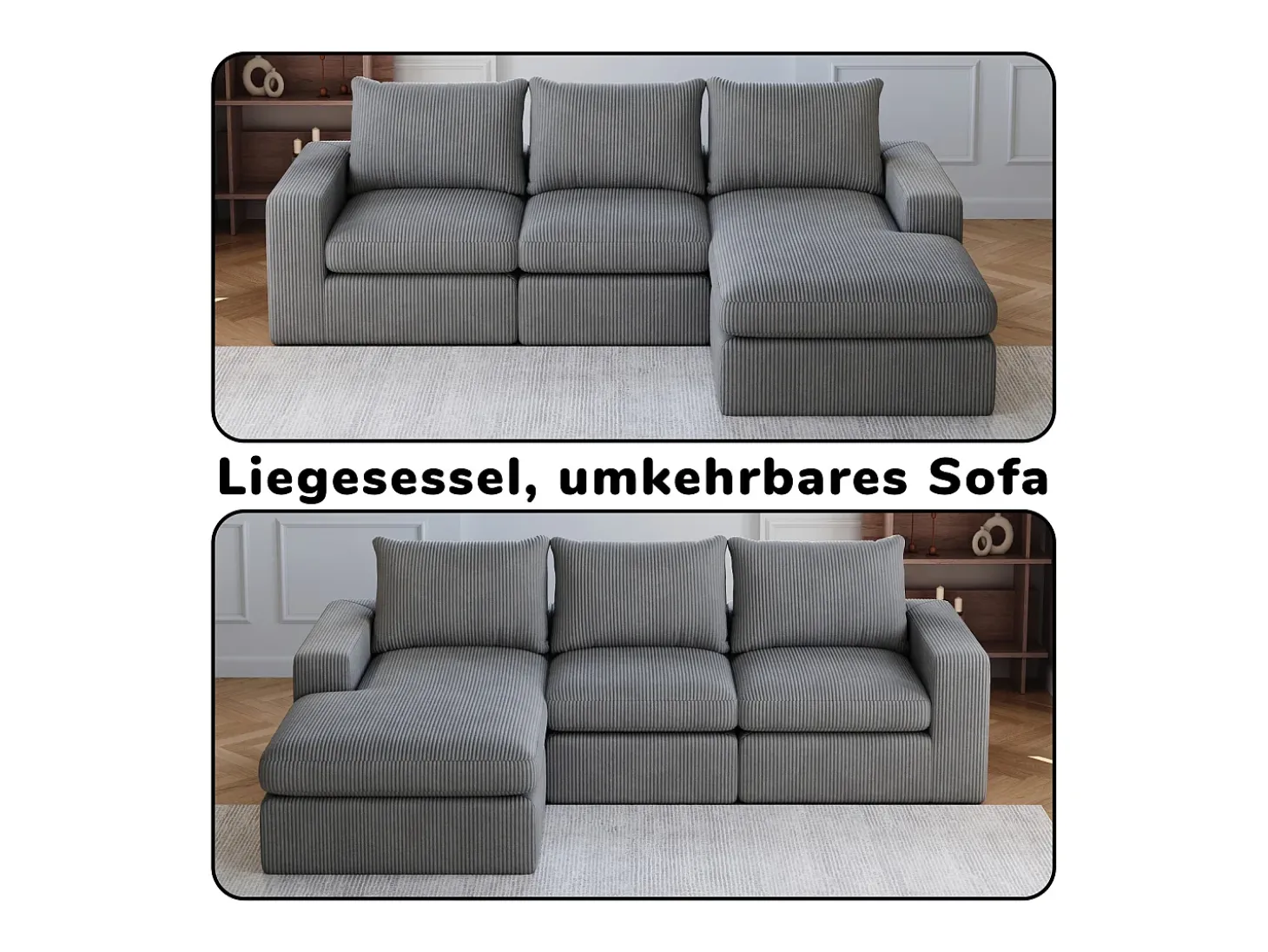 Sofá de canto de 3 lugares com chaise longue e 3 almofadas - Veludo cotelê cinza escuro
