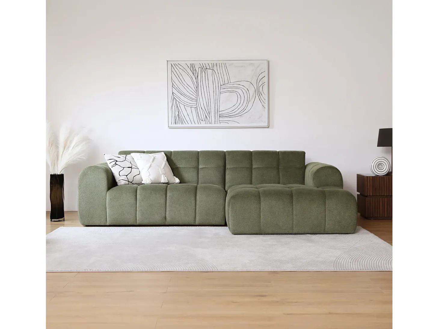 Sofá de canto de 3 lugares em veludo verde nuvem - Confortável e design