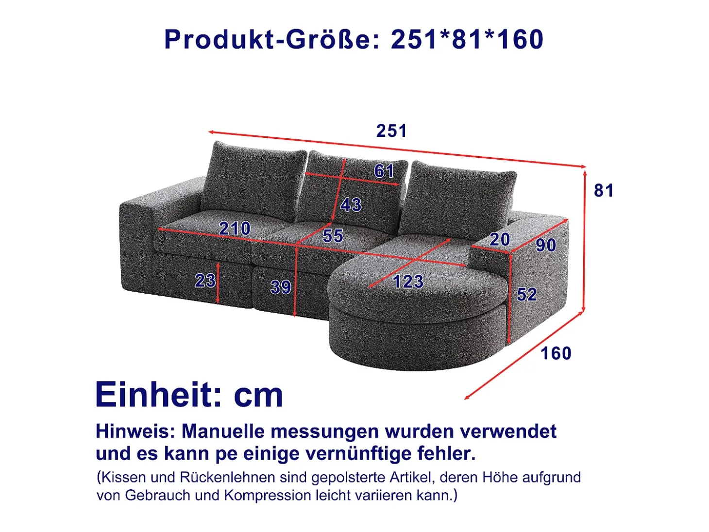 Sofá de canto de 3 lugares com chaise longue e 3 almofadas - Tecido chenille cinzento