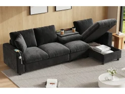 Sofá de canto de 4 lugares com 2 apoios de braço e espaço de armazenamento + mesa de centro dobrável com 2 porta-copos + porta USB - chenille - cinza