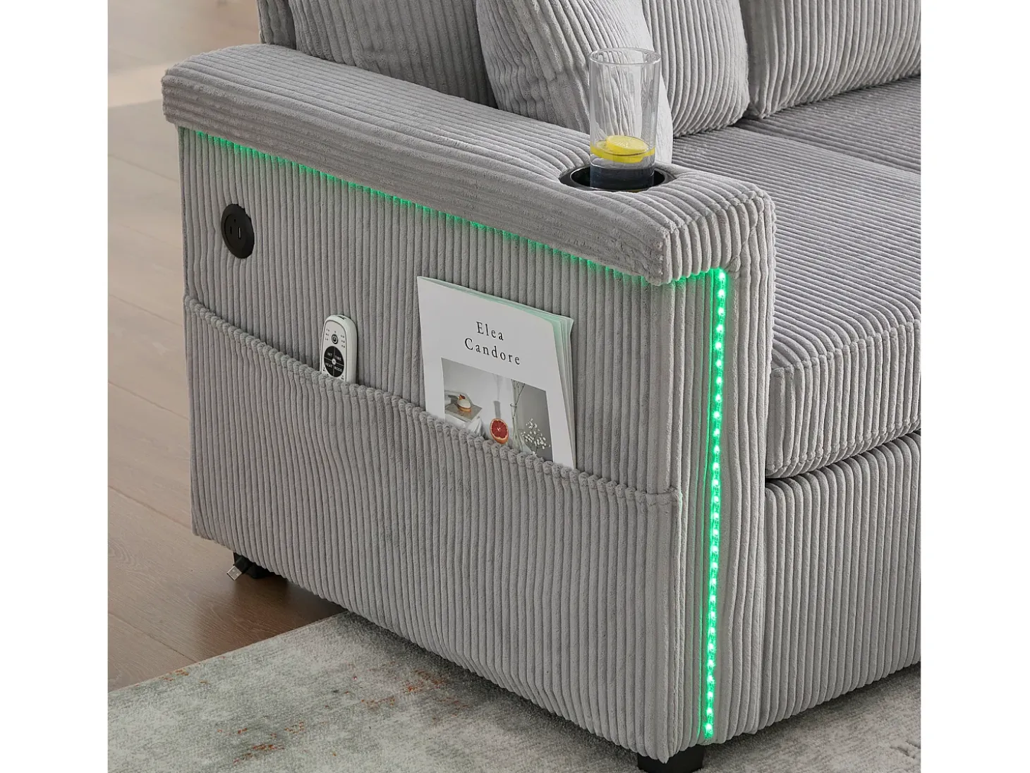 Sofá de canto de 3 lugares em bombazine cinza claro - Com iluminação LED, portas USB/Tipo-C e 2 gavetas.