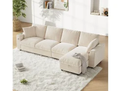 Sofá de canto de 4 lugares com 2 apoios de braço e espaço de arrumação + mesa de centro dobrável com 2 porta-copos + porta USB - chenille - bege