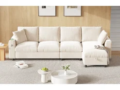 Sofá de canto de 4 lugares com 2 apoios de braço e espaço de arrumação + mesa de centro dobrável com 2 porta-copos + porta USB - chenille - bege