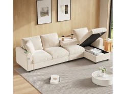 Sofá de canto de 4 lugares com 2 apoios de braço e espaço de arrumação + mesa de centro dobrável com 2 porta-copos + porta USB - chenille - bege