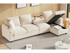 Sofá de canto de 4 lugares com 2 apoios de braço e espaço de arrumação + mesa de centro dobrável com 2 porta-copos + porta USB - chenille - bege