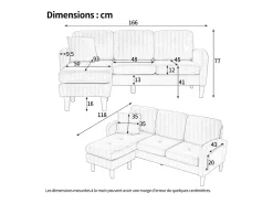 Sofá de canto de 3 lugares com chaise longue - 166 x 118 x 77 cm - tecido de veludo - pés de plástico - bege claro