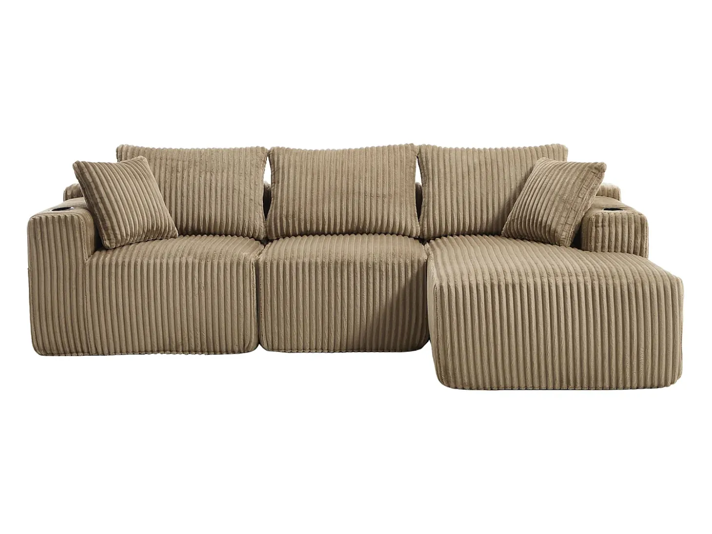 Sofá de canto de 3 lugares com chaise longue e 5 almofadas - Tecido de bombazine - Cor caqui