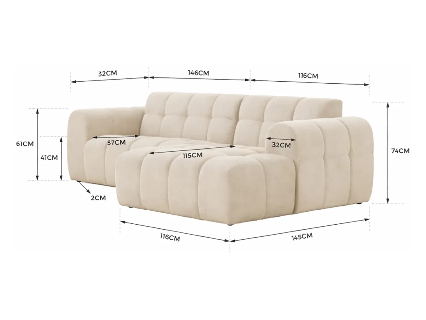 Sofá de canto de 3 lugares em veludo bege com chaise longue direita - Confortável e moderno