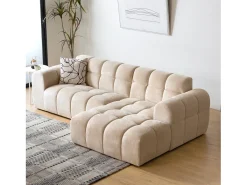 Sofá de canto de 3 lugares em veludo bege com chaise longue direita - Confortável e moderno