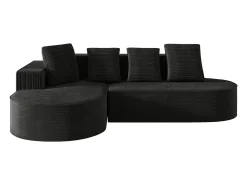 Sofá de canto de 3 lugares com 4 almofadas - Chaise longue em forma de L - Veludo preto cotelê - Não necessita de montagem