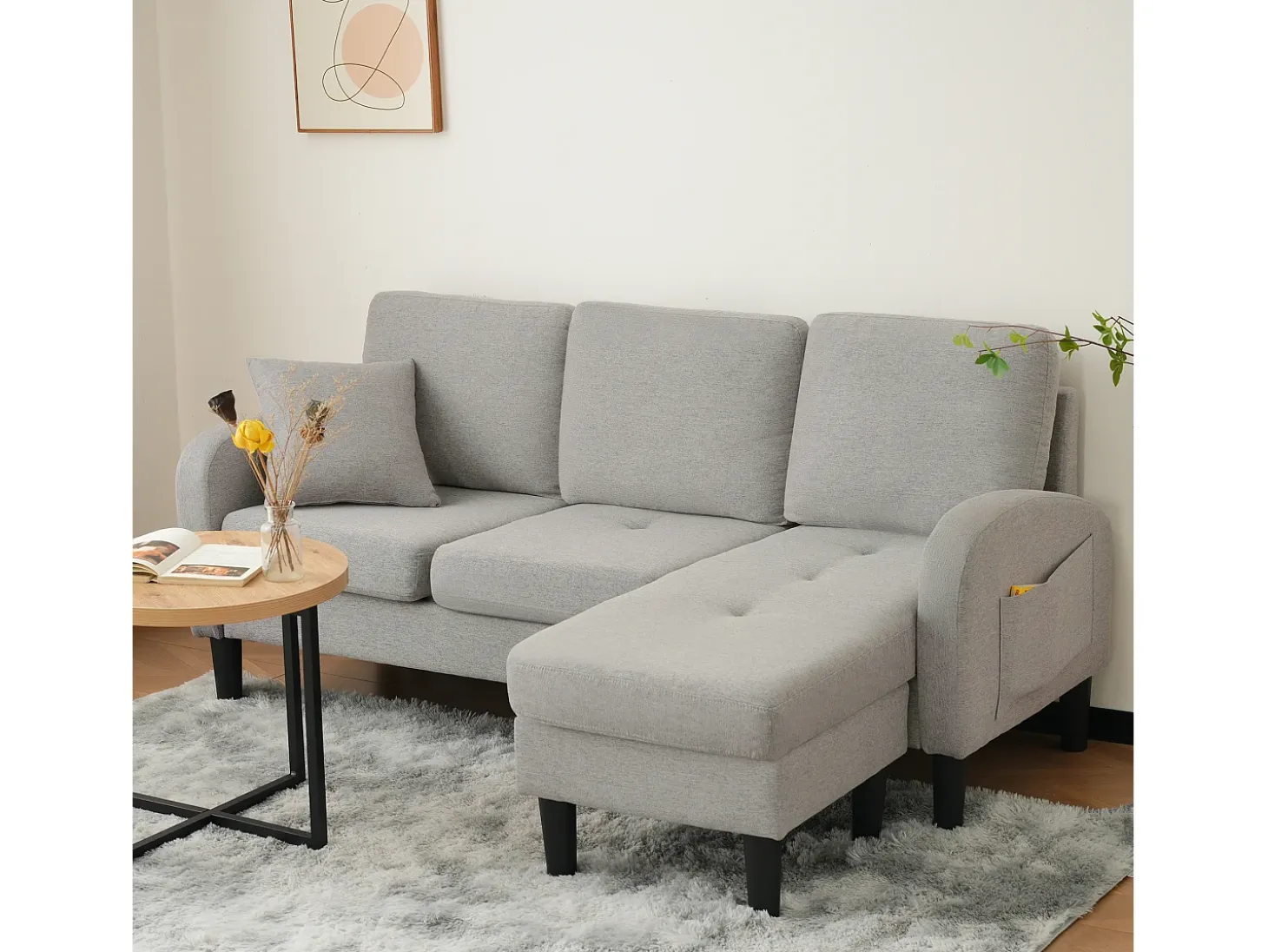 Sofá de canto de 3 lugares com chaise longue - 185 x 118 x 82 cm - tecido respirável de algodão e linho - Cinza