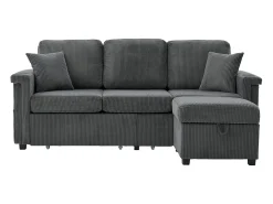 Sofá de canto de 3 lugares em bombazine cinza escuro - Com iluminação LED, portas USB/Tipo-C e 2 gavetas.