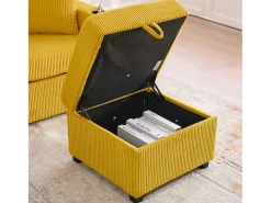 Sofá de canto de 3 lugares em bombazine amarelo mostarda - Com iluminação LED, portas USB/Tipo-C e 2 gavetas.