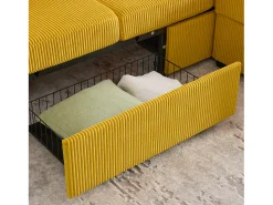 Sofá de canto de 3 lugares em bombazine amarelo mostarda - Com iluminação LED, portas USB/Tipo-C e 2 gavetas.