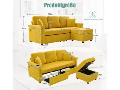 Sofá de canto de 3 lugares em bombazine amarelo mostarda - Com iluminação LED, portas USB/Tipo-C e 2 gavetas.
