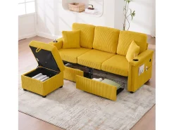 Sofá de canto de 3 lugares em bombazine amarelo mostarda - Com iluminação LED, portas USB/Tipo-C e 2 gavetas.