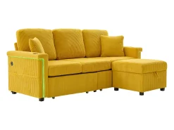 Sofá de canto de 3 lugares em bombazine amarelo mostarda - Com iluminação LED, portas USB/Tipo-C e 2 gavetas.