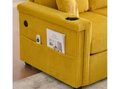 Sofá de canto de 3 lugares em bombazine amarelo mostarda - Com iluminação LED, portas USB/Tipo-C e 2 gavetas.