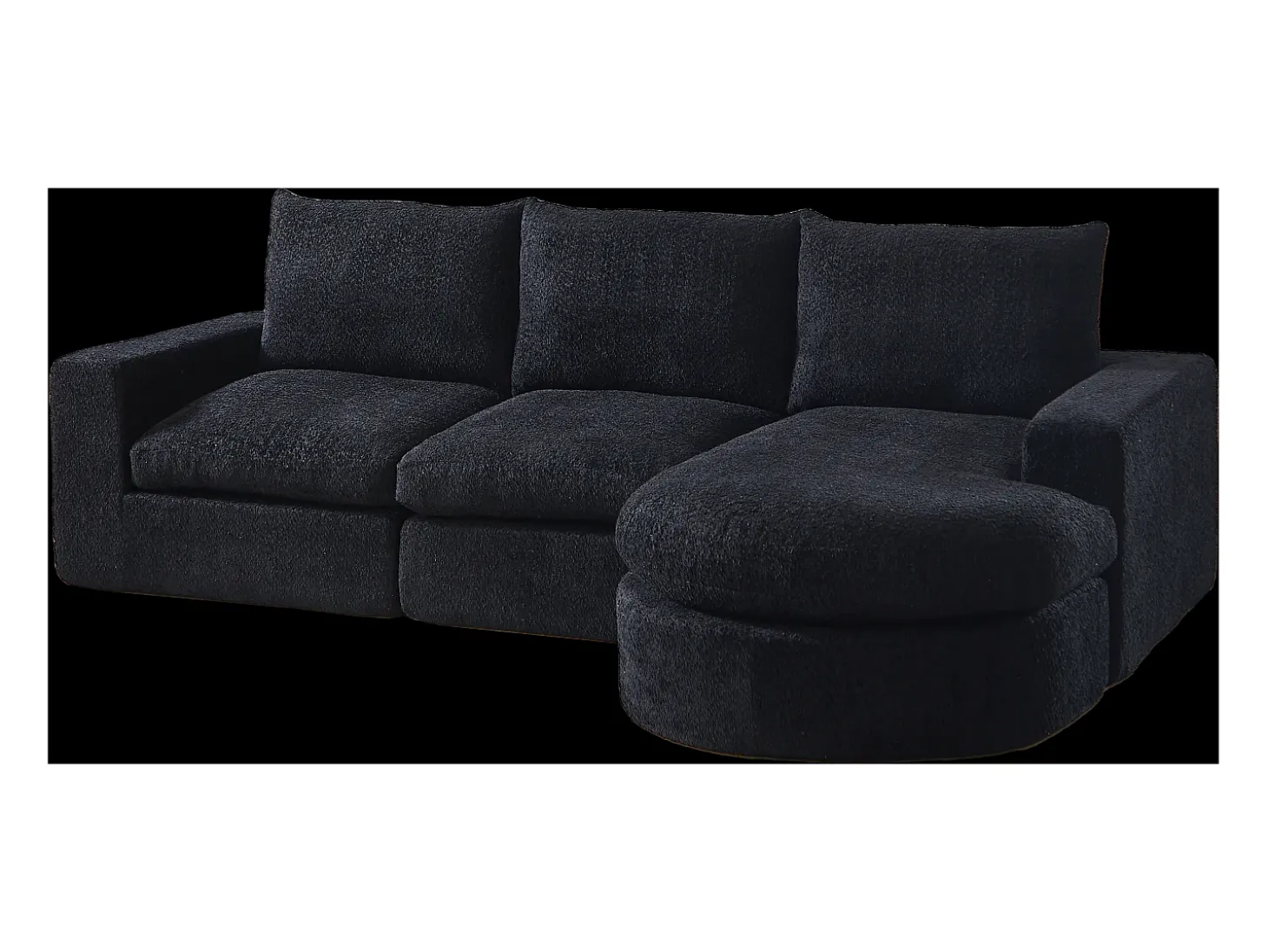 Sofá de canto de 3 lugares com chaise longue e 3 almofadas - Tecido chenille preto