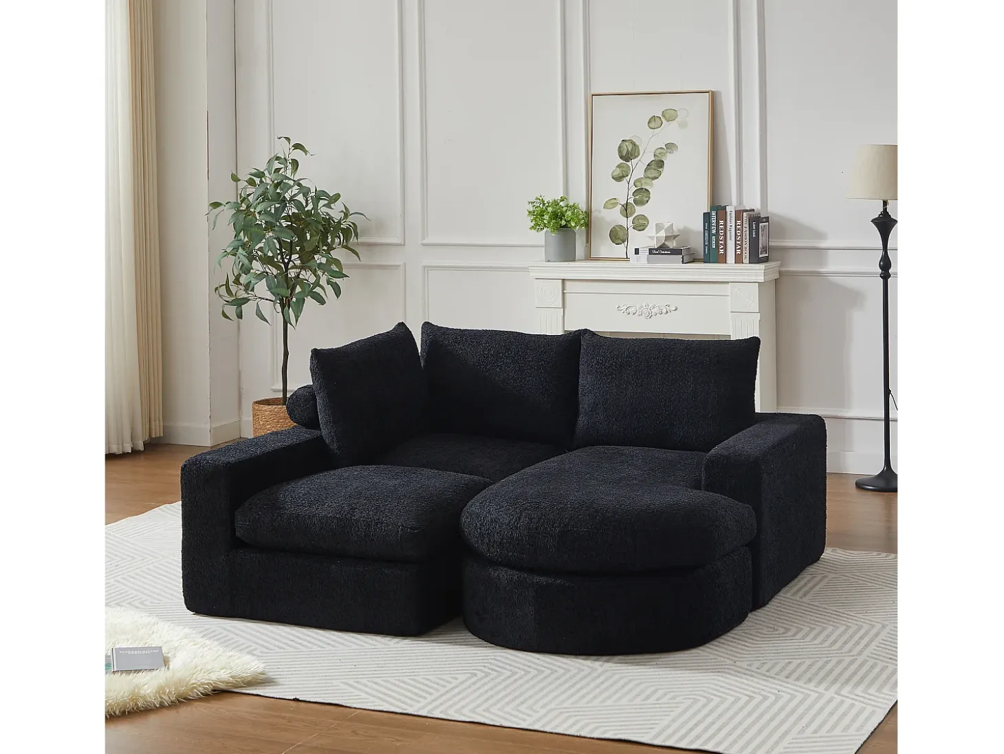 Sofá de canto de 3 lugares com chaise longue e 3 almofadas - Tecido chenille preto