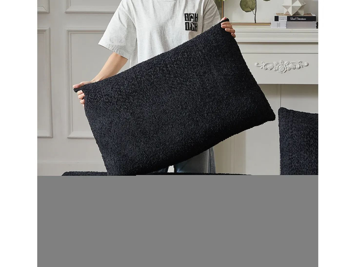 Sofá de canto de 3 lugares com chaise longue e 3 almofadas - Tecido chenille preto