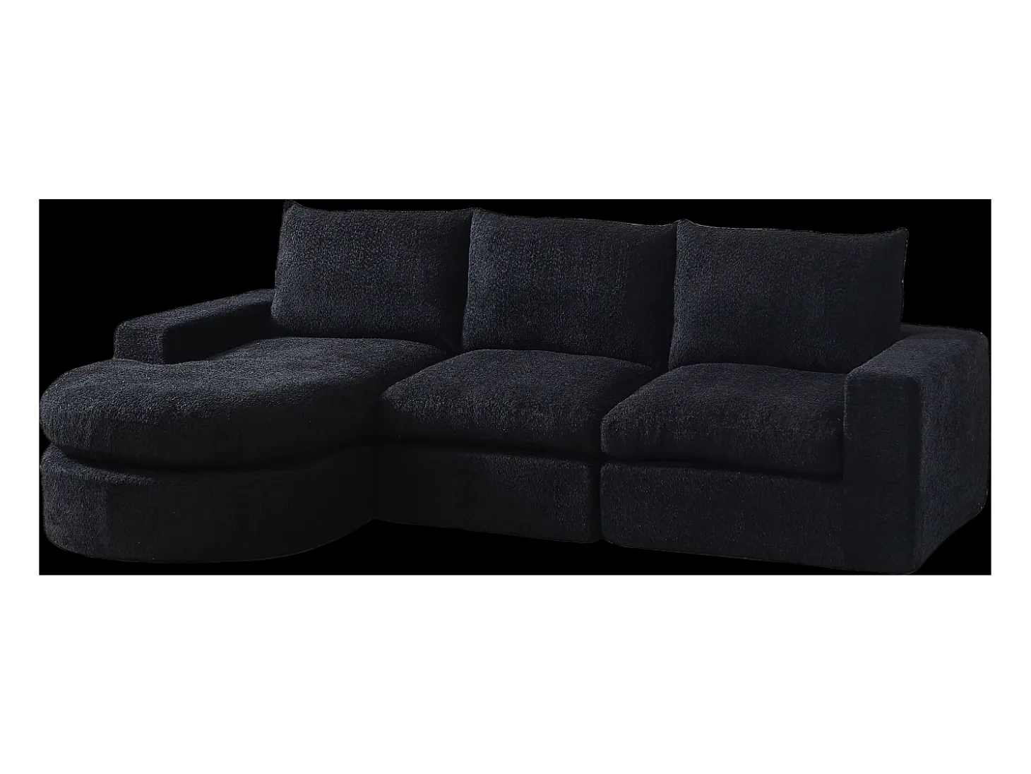Sofá de canto de 3 lugares com chaise longue e 3 almofadas - Tecido chenille preto