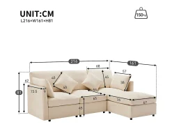 Sofá de canto de 3 lugares - com apoio para pés modular - chenille - Bege