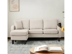 Sofá de canto de 3 lugares com chaise longue - 185 x 118 x 82 cm - tecido respirável de algodão e linho - Bege