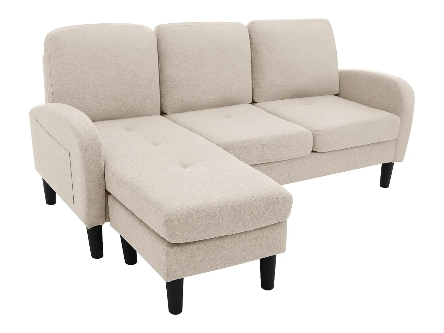 Sofá de canto de 3 lugares com chaise longue - 185 x 118 x 82 cm - tecido respirável de algodão e linho - Bege
