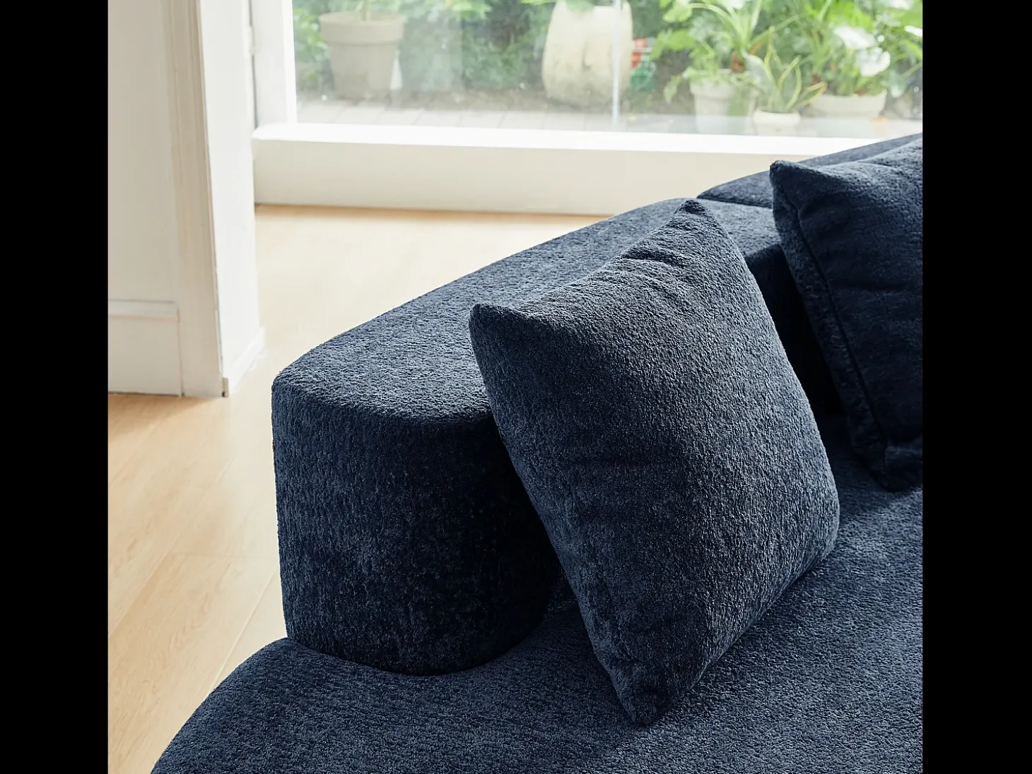 Sofá de canto de 3 lugares com almofadas - Design curvo - Tecido de veludo azul