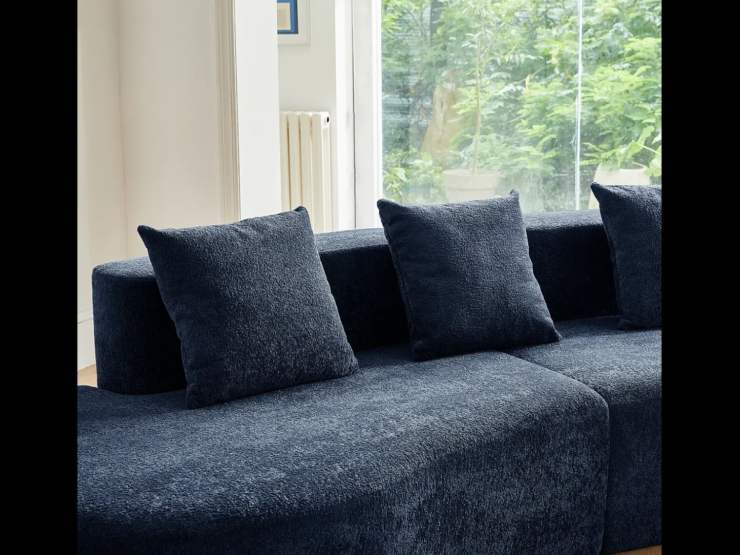 Sofá de canto de 3 lugares com almofadas - Design curvo - Tecido de veludo azul