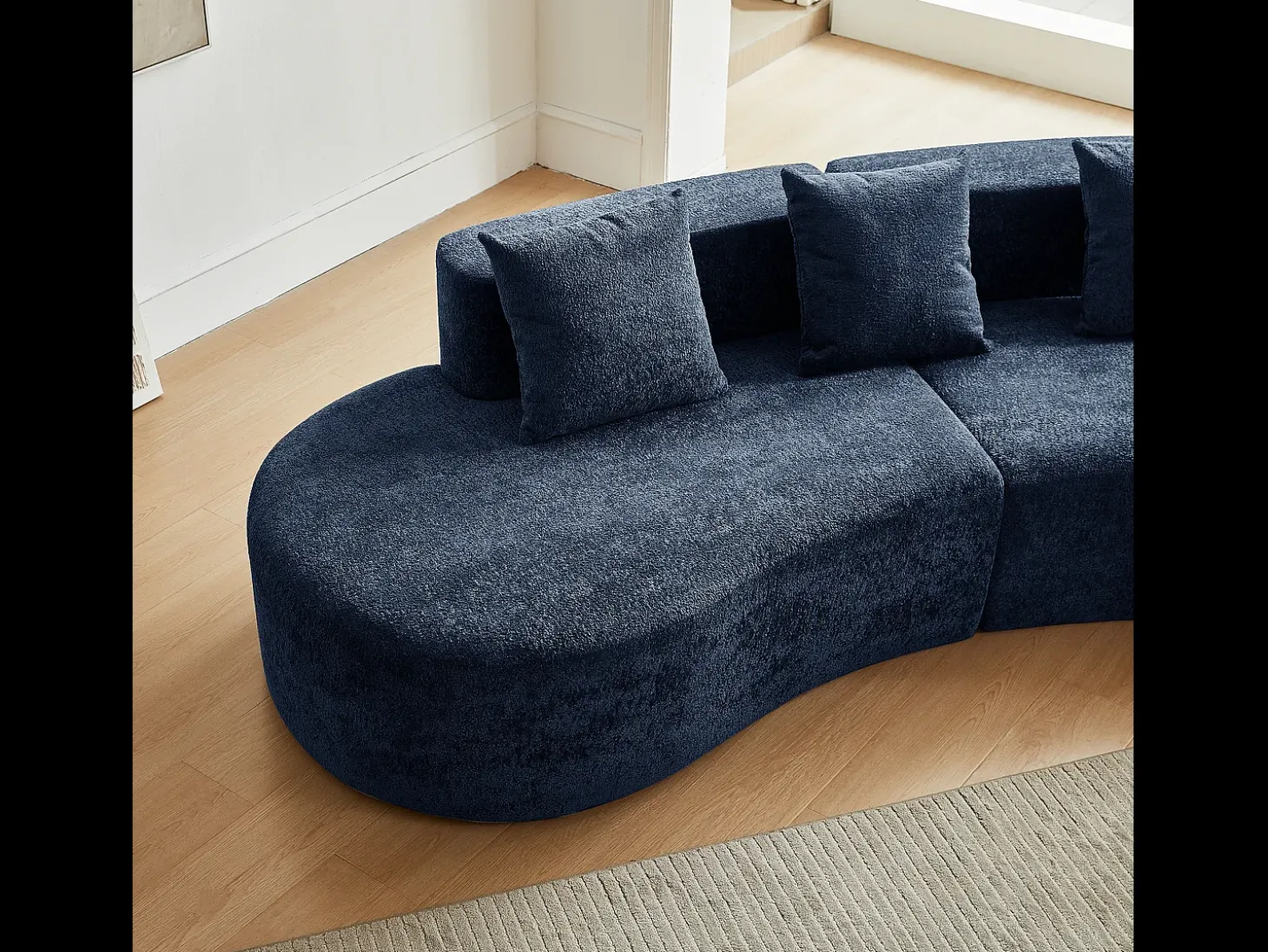 Sofá de canto de 3 lugares com almofadas - Design curvo - Tecido de veludo azul