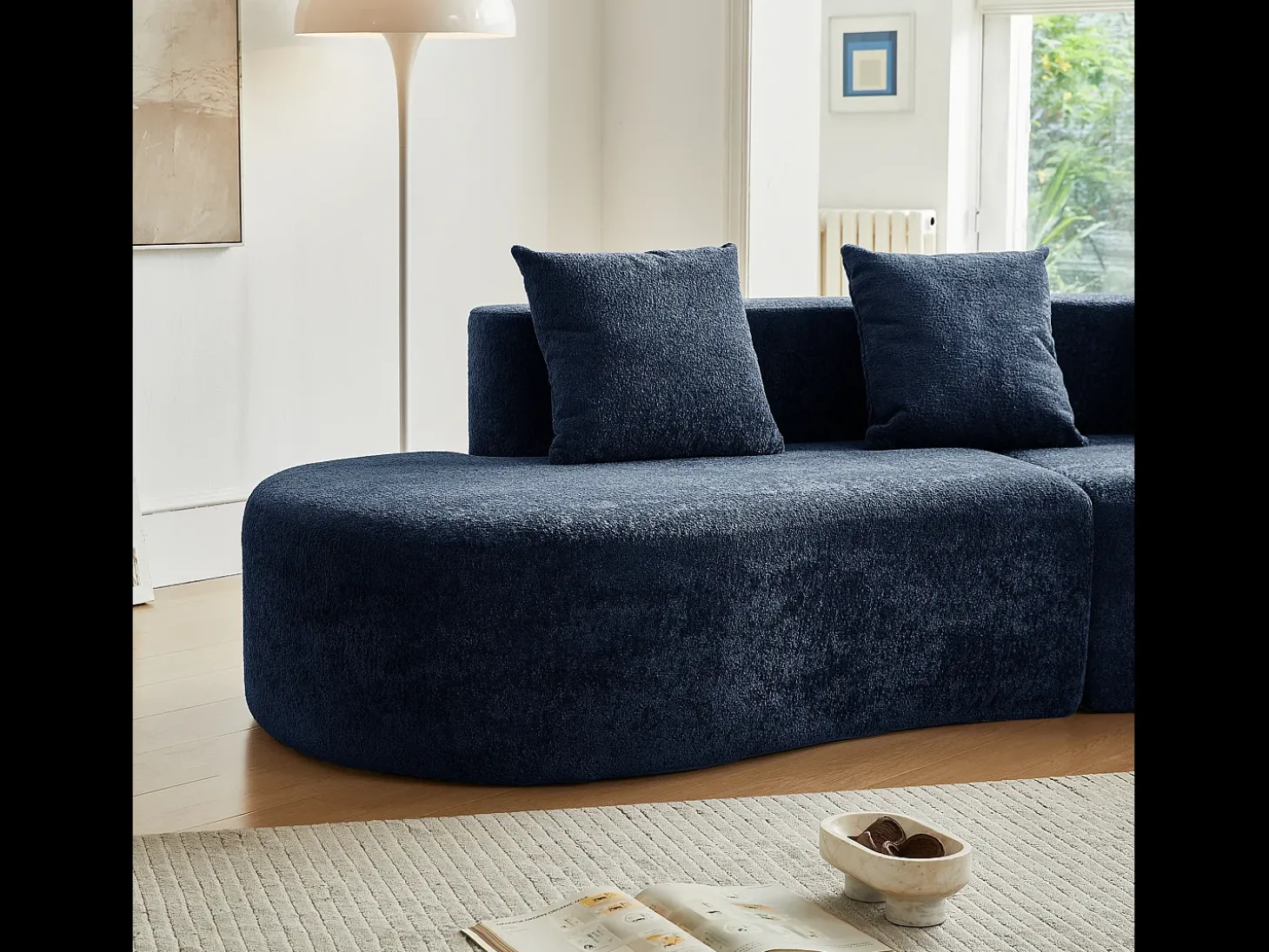 Sofá de canto de 3 lugares com almofadas - Design curvo - Tecido de veludo azul