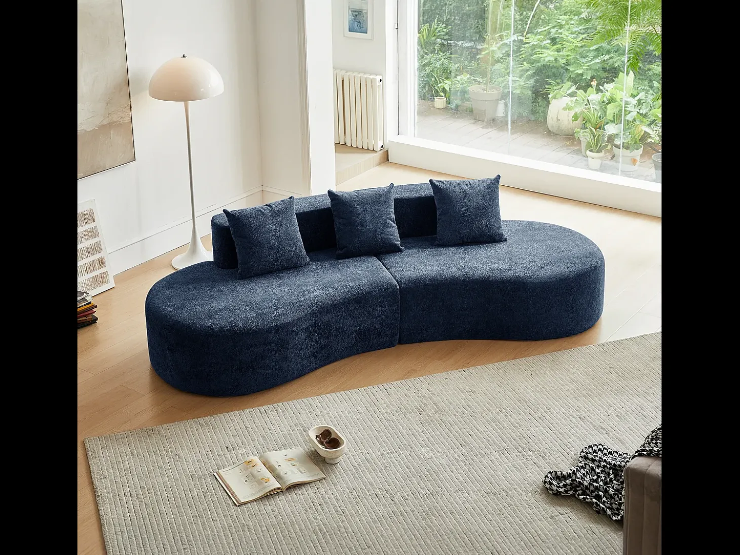 Sofá de canto de 3 lugares com almofadas - Design curvo - Tecido de veludo azul