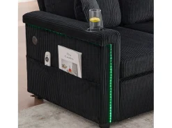 Sofá de canto de 3 lugares em bombazine preto - Com iluminação LED, portas USB/Tipo-C e 2 gavetas.