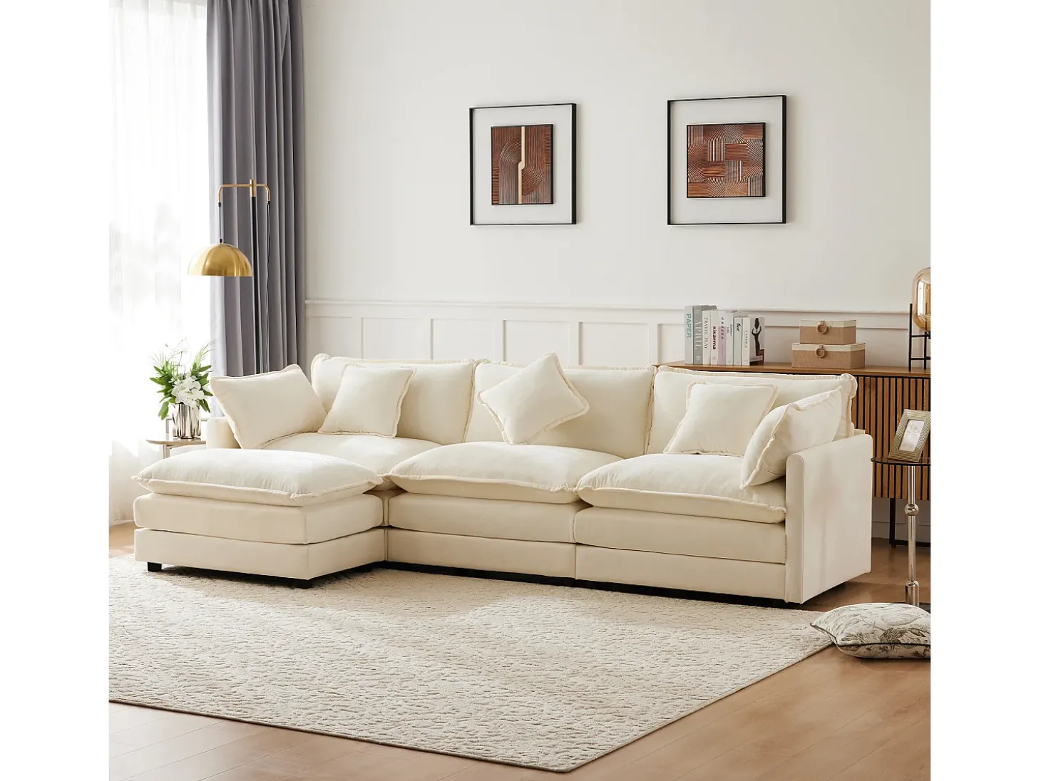 Sofá de canto de 3 lugares com pufe - 283 x 147 x 84 - Tecido Chenille - Bege