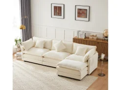 Sofá de canto de 3 lugares com pufe - 283 x 147 x 84 - Tecido Chenille - Bege