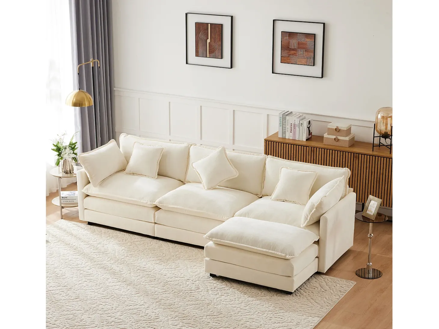 Sofá de canto de 3 lugares com pufe - 283 x 147 x 84 - Tecido Chenille - Bege