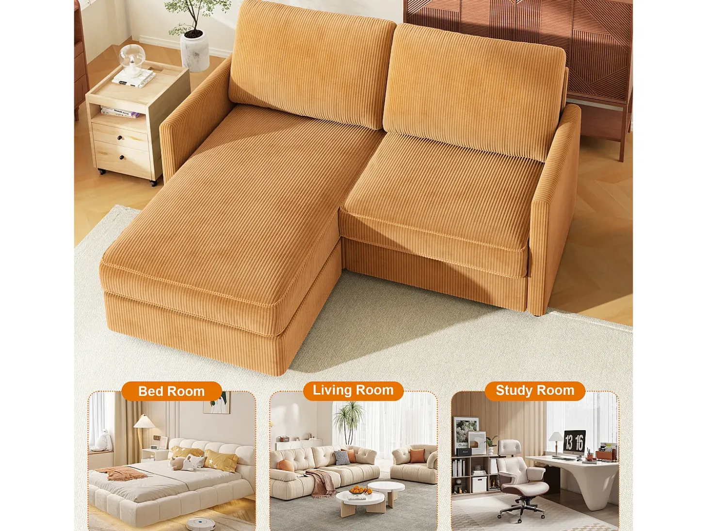 Sofá de canto de 2 -Sater - ângulo reversível para a direita / esquerda - 180x140x86cm - em tecido de veludo com nervuras - Max 300kg Load - Mostarda Amarelo