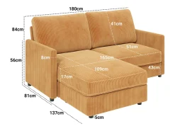 Sofá de canto de 2 -Sater - ângulo reversível para a direita / esquerda - 180x140x86cm - em tecido de veludo com nervuras - Max 300kg Load - Mostarda Amarelo
