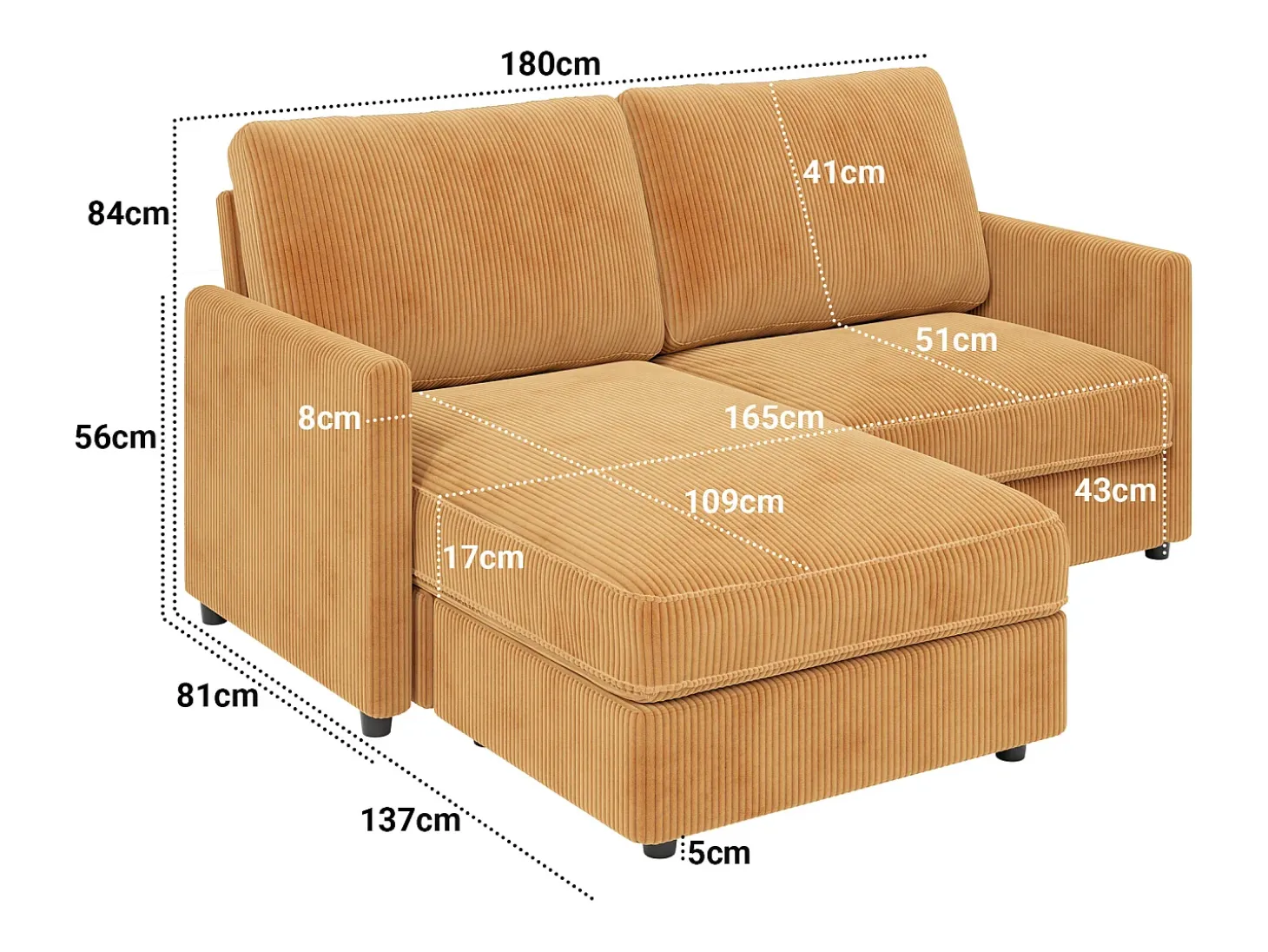 Sofá de canto de 2 -Sater - ângulo reversível para a direita / esquerda - 180x140x86cm - em tecido de veludo com nervuras - Max 300kg Load - Mostarda Amarelo